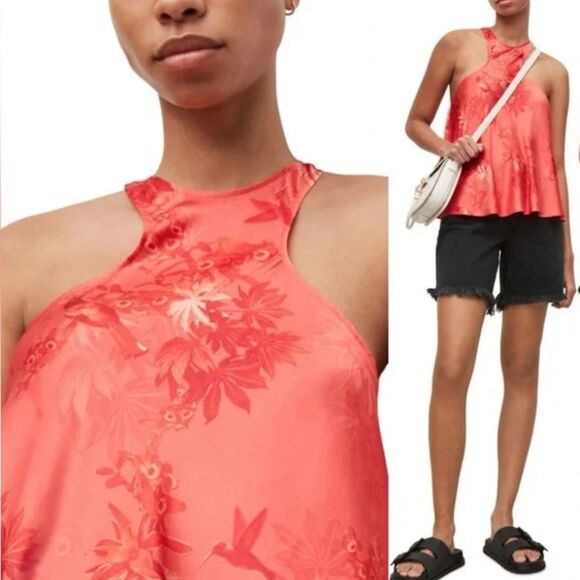NWOT AllSaints Verna Nila Coral Floral Silky Halter Sleeveless Blouse Size 4 - Picture 1 of 6